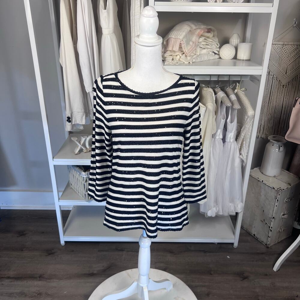 Talbots Navy and White Striped Knit Top with Scatted Sequins